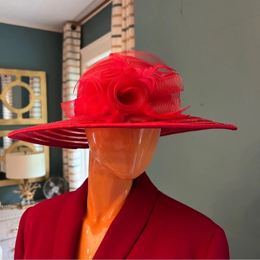 Elegant Red Wide-Brim Decorative Women's Hat - Picture 4 of 8